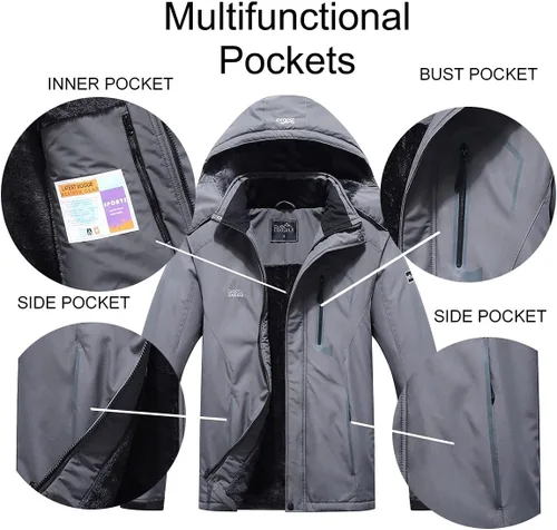 Miniatura 6 de Pooluly - Chaqueta impermeable de invierno, esquí, snowboard, para hombre, con capucha, rompevientos.