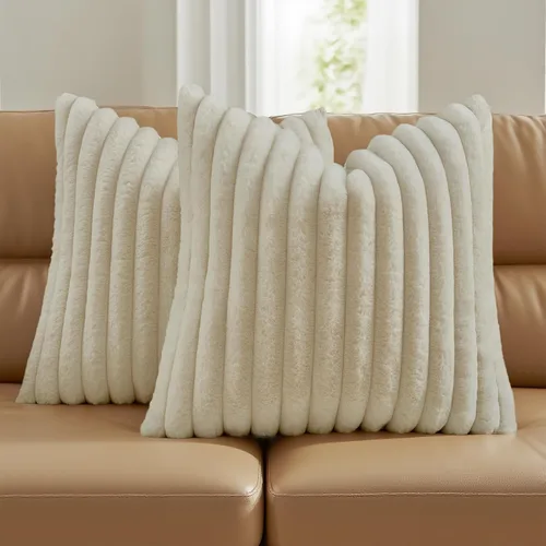Miniatura 70 de FUTEI - Juego de 2 fundas de almohada decorativas con rayas, cuadradas, para invierno, piel sintética de conejo suave y acogedora y respaldo