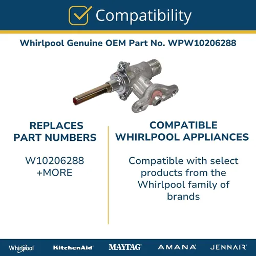 Miniatura 4 de Whirlpool WPW10206288 Pieza de repuesto de la válvula de quemador de superficie de la gama de gas OEM genuina - reemplaza W10206288