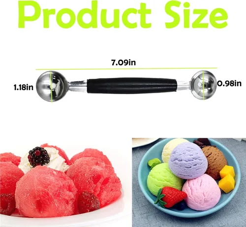 Miniatura 2 de Paquete de 4 cucharas de bola de helado de fruta de doble extremo, bola de melón de acero inoxidable 430, bolas de melón redondas lisas para sandía