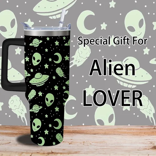 Miniatura 5 de Vaso térmico de alienígena de 40 onzas con asa y pajita abatible, taza aislante de acero inoxidable para amantes de ovnis, taza de café de viaje