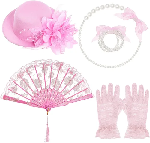 obmwang 5 piezas de suministros de fiesta de té para niñas, guantes de fiesta de té, sombreros para niñas y niños, collar de fiesta de té para Rosa
