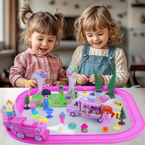 Miniatura 2 de Juegos de trenes clásicos rosados para niños pequeños, juguetes musicales de tren eléctrico con camión de helado de bricolaje, rompecabezas