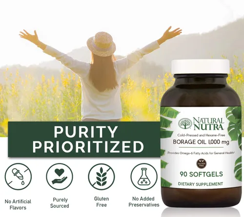 Miniatura 4 de Suplemento de aceite de borraja natural: rico en ácido gamma-linolénico (GLA), un potente ácido graso esencial omega-6 conocido por apoyar la salud