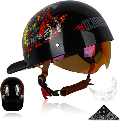 Miniatura 16 de Gorra de béisbol para motocicleta, 3 unidades, aprobado por DOT, estilo vintage, cara abierta, unisex, para adultos, medios cascos de doble lente