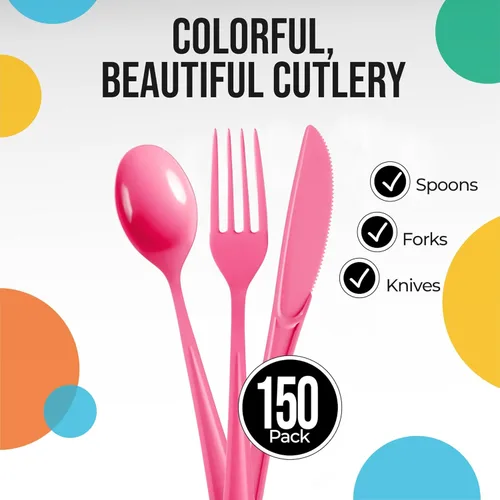 Miniatura 2 de Party Solids Cerise - Cubiertos de plástico resistentes, 150 piezas de cubiertos desechables de Cerise, juego de utensilios, 50 de cada tenedor