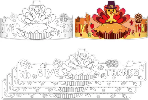 WhatSign Sombrero de pavo para colorear - Niños y adultos, paquete de 24 diademas y coronas de Acción de Gracias para fiestas y manualidades