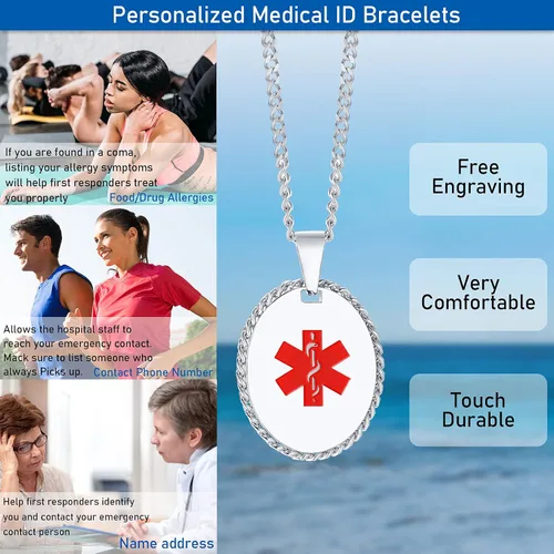 Miniatura 5 de MEALGUET Collar personalizado de alerta médica Collar con colgante de identificación médica de emergencia de acero inoxidable para hombres, mujeres