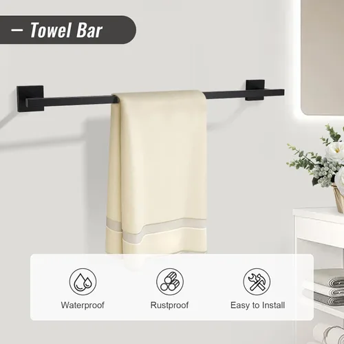 Miniatura 2 de YACVCL Juego de Barra de Toalla Negra de 5 Piezas, Juego de Accesorios de Baño de Acero Inoxidable SUS304, Barra de Toalla de 60 cm, Soporte
