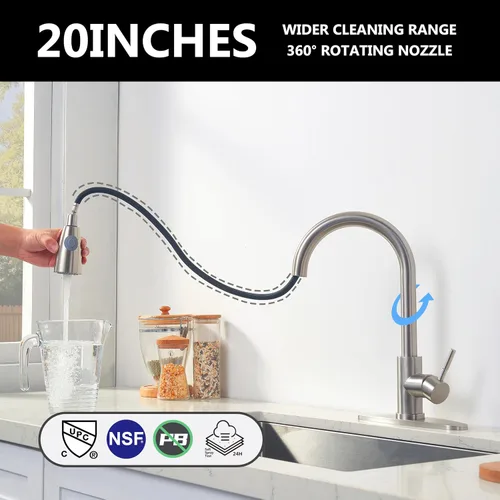 Miniatura 3 de Comllen Grifo de cocina con rociador extraíble, grifos de cocina de acero inoxidable de níquel cepillado, grifo comercial de arco alto de una sola