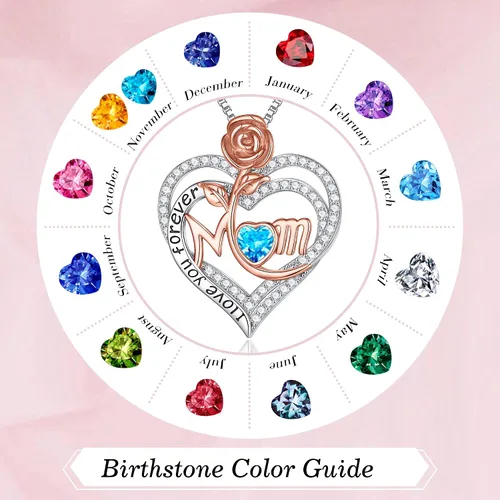 Miniatura 8 de MOOSEA Collar de mamá para mujer, collar de piedra lateral de diamante de moissanita, collar de piedra natal de corazón rosa de oro blanco de 18