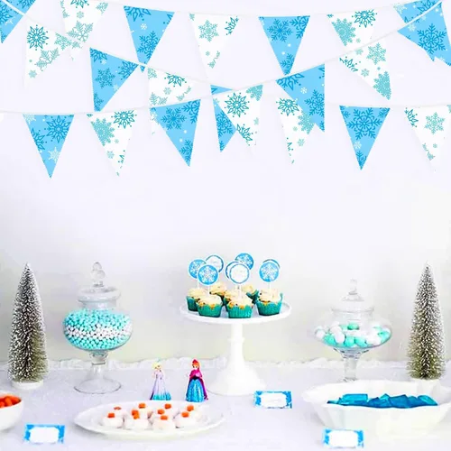 Miniatura 5 de Pancarta de copos de nieve azules y blancos de 32 pies, bandera triangular, banderines de tela para invierno, país de las maravillas, Navidad, Azul