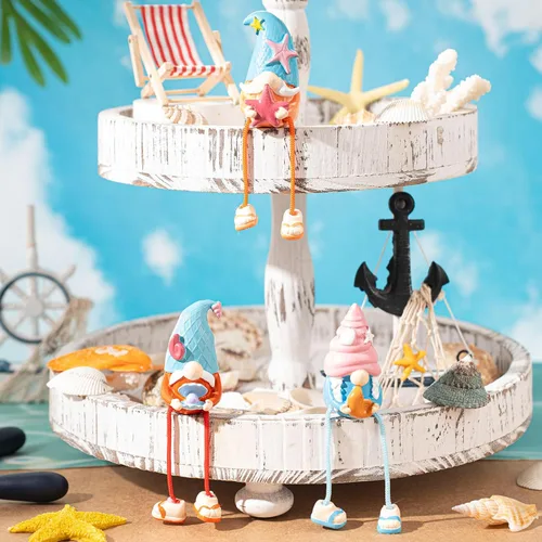 Miniatura 3 de 3 piezas de decoración de gnomo de playa con patas colgantes, bandeja escalonada costera de verano de resina oceánica para mesa, mantel y baño
