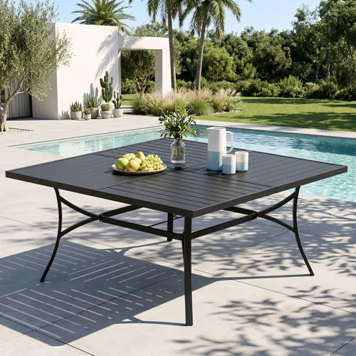 MFSTUDIO Mesa de comedor al aire libre cuadrada de 60" de metal, mesa grande de patio con 8 plazas y agujero ajustable para sombrilla para terraza,