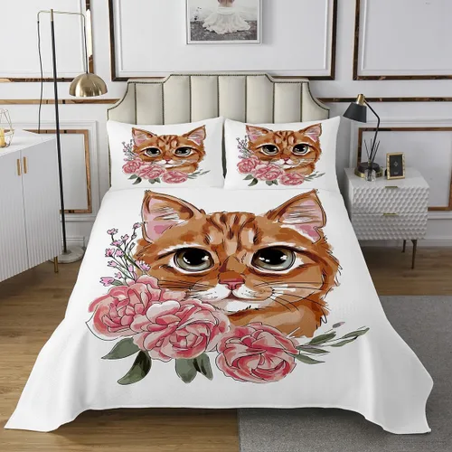 Miniatura 2 de Feelyou Juego de colcha acolchada para niñas y gatos para niños, hija, lindo juego de colcha con estampado de gatitos, flores florales de rosas