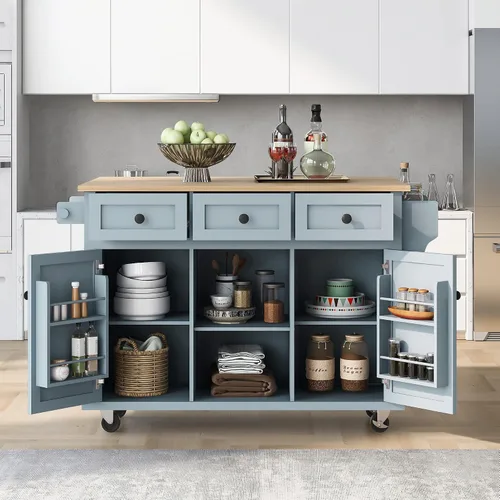 Miniatura 15 de Delicate Rolling Kitchen Island Cart with Rubber Wood Drop-Leaf Countertop and Lockable Rollers,Storage Cabinet and 2 Drawers,Sliding Barn Door