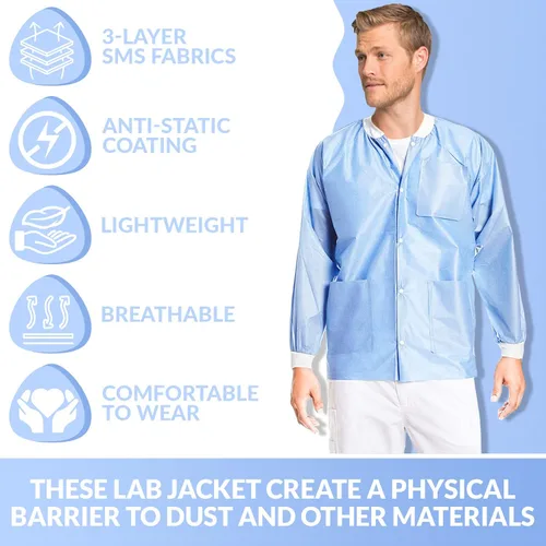 Miniatura 45 de Paquete de 10 chaquetas desechables de laboratorio, chaqueta médica reutilizable hasta la cadera, unisex, con puños de punto y bolsillos
