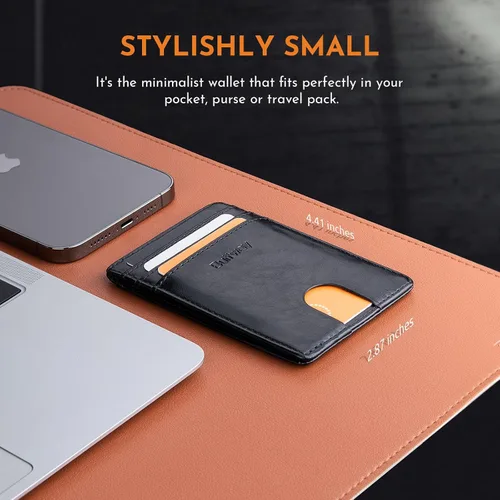 Miniatura 6 de Buffway Billetera delgada para hombre, minimalista con bolsillo frontal delgado, tarjetero de cuero con bloqueo RFID para viajes de trabajo