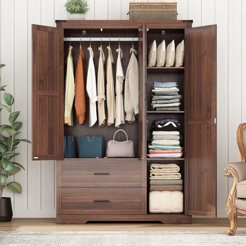 Miniatura 4 de Hlivelood Armario de 3 puertas con puertas y cajones, armario de madera de granja con estantes y barra para colgar para dormitorio, color marrón