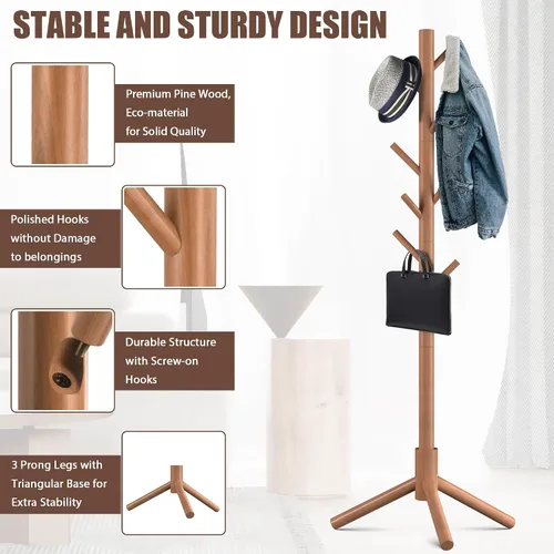 Miniatura 3 de Haddockway Perchero de Madera con 8 Ganchos de Pino de Nueva Zelanda con 3 Niveles Ajustables, Árbol Perchero de Pie de Fácil Montaje para Abrigos