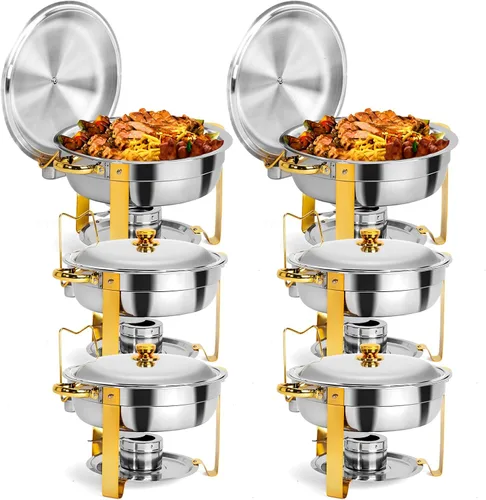Miniatura 11 de ROVSUN Platos dorados para bufé, juego de 2 platos redondos de acero inoxidable de 6 cuartos de galón con soporte para tapa, juego de calentador