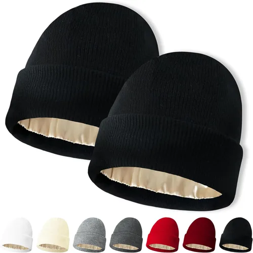 Miniatura 26 de NPQQUAN 2 PCS Satin Lined Beanie for Women Silk Lined Beanies Winter Warm Soft Lining Cuffed Knit Beanie Hats for Women