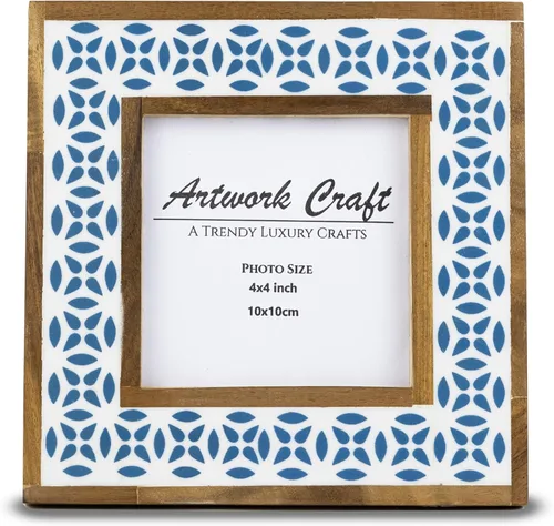 Handmade White Bone Photo Frame Geometric Painting Vintage Boho Wooden Picture Frames For Table-Top/Wall Decor (4x4 Inches, Geometric Blue)