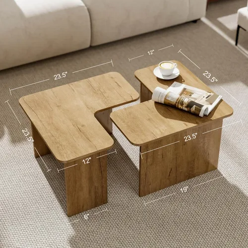 Miniatura 2 de Juego de 2 mesas de centro anidables modernas, de madera natural, en forma de L, para sala de estar, mesa auxiliar pequeña con mesa central ligera