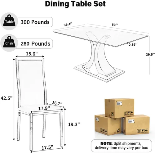 Miniatura 2 de Moderno juego de mesa de comedor rectangular de vidrio para 4, 63 pulgadas, mesa transparente de cocina de lujo con base negra y dorada, 4 sillas