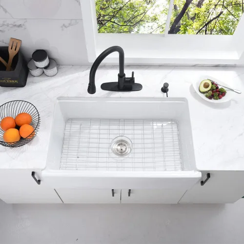 Miniatura 4 de Fregadero de cocina de arcilla refractaria de 33 pulgadas, 33 x 20 pulgadas, color blanco, delantal frontal de cerámica de porcelana de campo