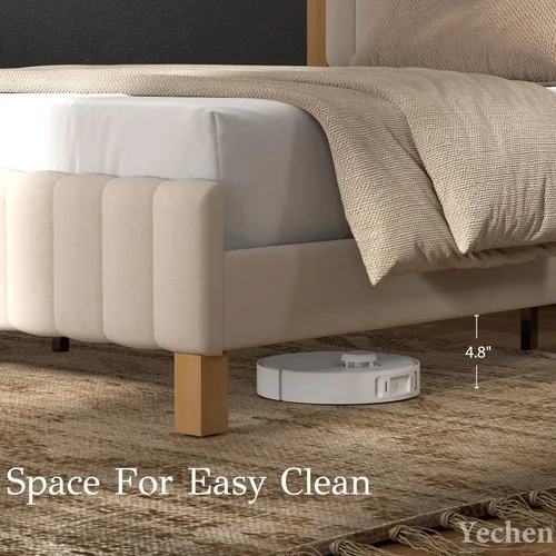 Miniatura 4 de Yechen Base de cama Queen con cabecero, marco de cama de madera con postes de madera maciza, no necesita somier, lino beige Sábanas beige