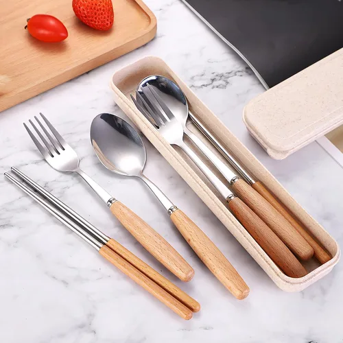 Miniatura 2 de Muka Juego de 3 cubiertos reutilizables con mango de madera con estuche y mango de madera