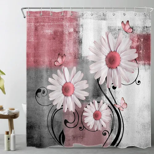 Miniatura 9 de Cortina de ducha floral con margaritas azules, flores blancas y mariposas en tela moderna abstracta geométrica gris para baño, 10 ganchos, 48 x 72