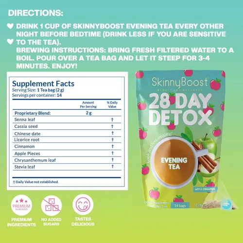 Miniatura 6 de SkinnyBoost - Kit de té desintoxicante de 2 paquetes – 1 de día HIBISCO (28 bolsas) + 1 de noche MANZANA CANELA (14 bolsas) – Desintoxicación herbal