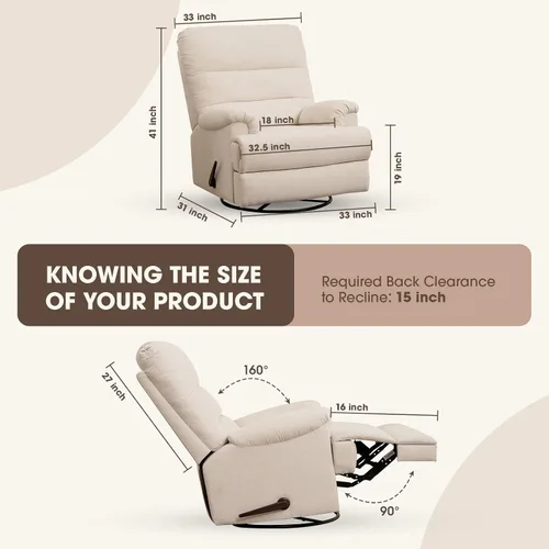 Miniatura 2 de Mecedora Divanus, grande, estilo balancín, reclinable, beige, giratoria, silla reclinable con respaldo alto, para cuarto de bebé o sala de estar