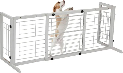 Miniatura 9 de COZIWOW Puerta para perros de 38 a 67 pulgadas, puerta independiente para mascotas, extra ancha, valla de madera para cachorros, puertas de Marrón