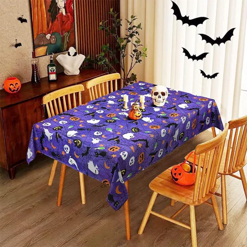 Miniatura 3 de Mantel de Halloween, tela de araña y calabaza, mantel impermeable de telaraña y fantasma, mantel impermeable a prueba de derrames para decoración