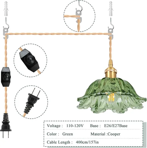 Miniatura 4 de Lámparas colgantes enchufables, lámpara colgante con interruptor de encendido/apagado con cable, pantalla de cristal verde E26 de 10.6 pulgadas