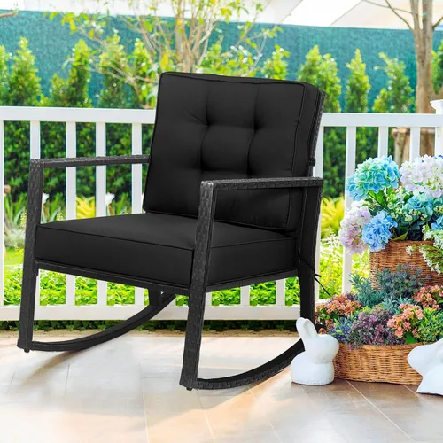 DORTALA Mecedora de mimbre, silla mecedora de ratán para exteriores con cojín para jardín, porche, patio trasero, piscina, color negro
