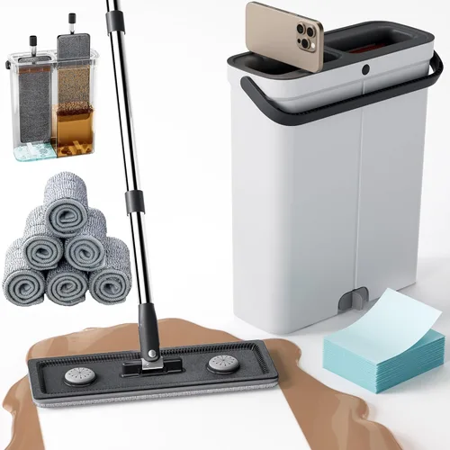 Trapeador Compacto para Pisos y Cubeta – Trapeador Plano y Cubeta con Conjunto de Escurridor Manos Libres | Trapeador Húmedo y Seco para