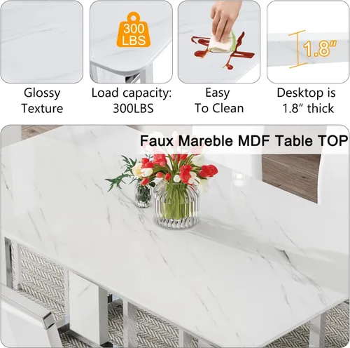 Miniatura 5 de Juego de mesa de comedor moderno de 67 pulgadas para 6, juego de mesa de cocina blanca, juego de mesa de comedor de lujo con mesa de mármol