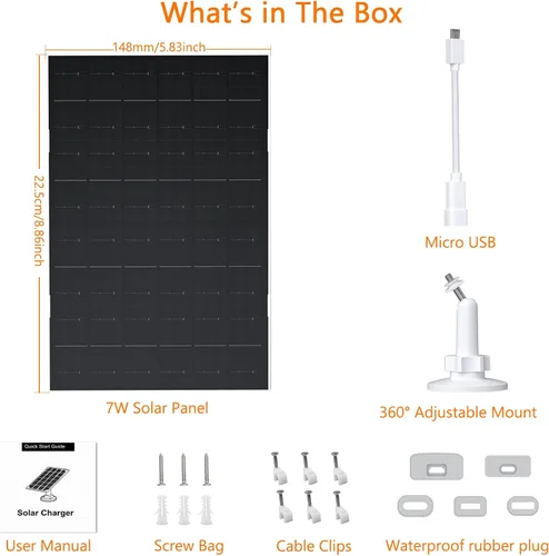 Miniatura 2 de Zivif Panel solar de 7 W para cámara Eufy, cargador solar compatible con EufyCam 2/2 Pro/2C/2C Pro/E20/E40/E, enchufe USB C y micro USB, impermeable