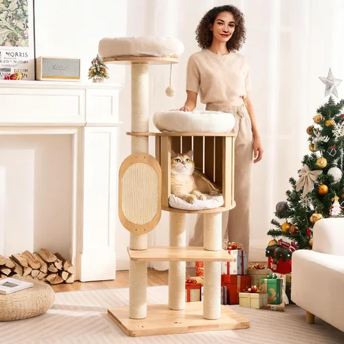 Miniatura 9 de Árbol Moderno de Madera Maciza para Gatos Adultos Grandes de Interior, Torre para Gatos de 50 Pulgadas de Alto con Postes Rascadores de Sisal, 50.0