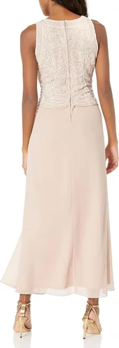 Miniatura 4 de J Kara Vestido largo con cuentas pequeñas sin mangas con ribete festoneado para mujer con bufanda