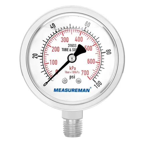 Miniatura 39 de MEASUREMAN - Manómetro de presión 1/4 NPT, manómetro de presión lleno de glicerina 0-100psi/kPa con esfera de 2.5 pulgadas y caja de acero