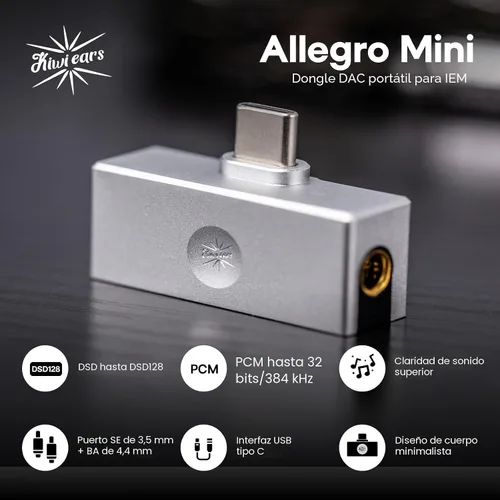 Miniatura 3 de Linsoul Kiwi Ears Allegro Mini portátil IEM DAC, amplificador de monitor intrauditivo, salida USB C a 3.5/0.173 in, con chip personalizado, alta