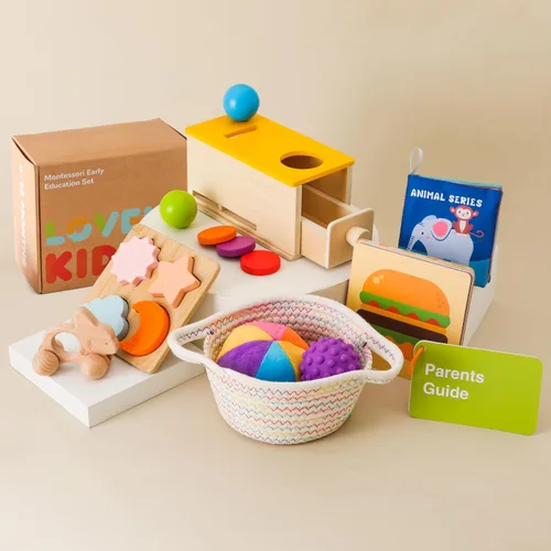 Juguetes Montessori para bebés de 6 a 12 meses, juego de juguetes educativos de aprendizaje 6 en 1, kit de juguetes de madera que incluye caja de