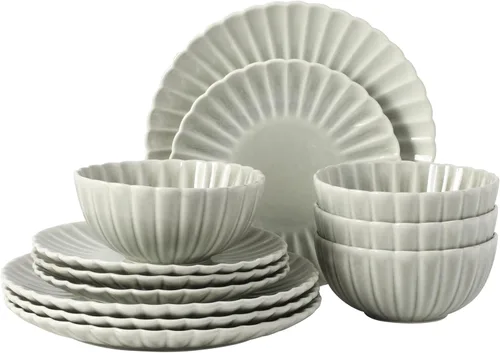 Miniatura 24 de Gibson Elite Peach Orchard 12-Piece New Bone China Dinnerware Set Service for 4, Embossed Fluted Plates and Bowls, Dishwasher and Microwave Safe
