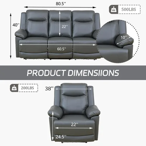 Miniatura 3 de Juego de sofá reclinable de 3 piezas, muebles de sala de estar, tapicería de cuero de aire, puertos de carga USB 2.0, tiras de luz LED, mesa