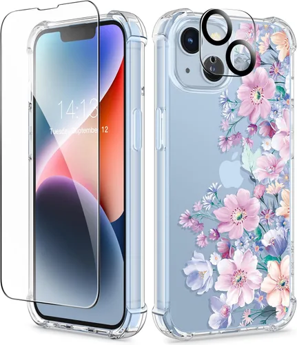 GVIEWIN - Funda floral para iPhone 14 de 6.1 pulgadas, protector de pantalla + protector de lente de cámara, no se amarillenta, a prueba de golpes,